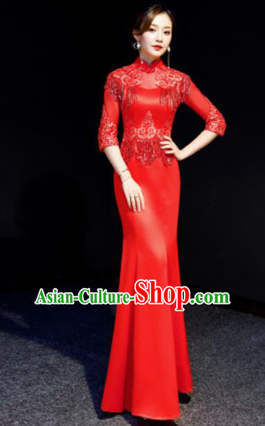 Chinese Compere Red Tassel Full Dress Traditional National Cheongsam Chorus Costume for Women