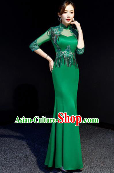 Chinese Compere Green Tassel Full Dress Traditional National Cheongsam Chorus Costume for Women