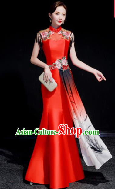 Chinese National Embroidered Red Qipao Dress Traditional Compere Cheongsam Costume for Women