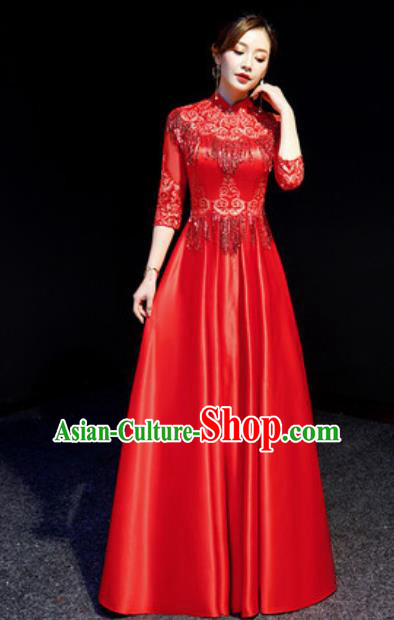 Chinese Chorus Red Tassel Full Dress Traditional National Compere Cheongsam Costume for Women