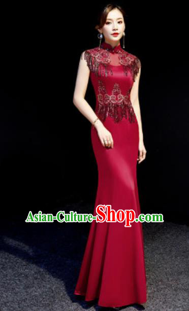 Chinese Chorus Wine Red Tassel Full Dress Traditional National Compere Cheongsam Costume for Women