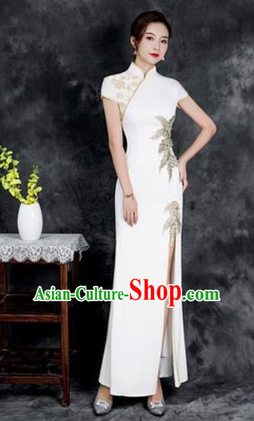 Chinese Chorus White Full Dress Traditional National Compere Cheongsam Costume for Women