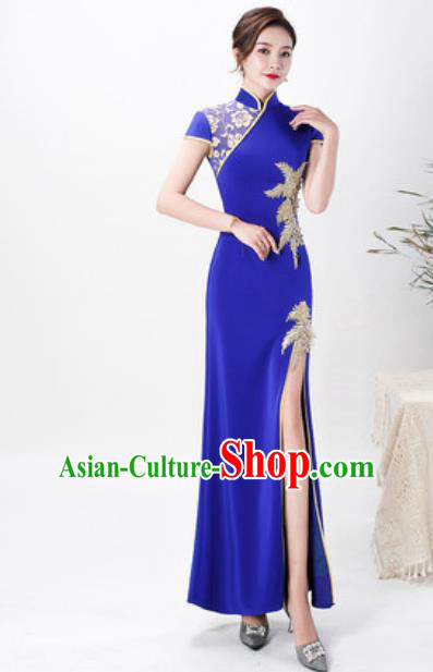 Chinese Chorus Royalblue Full Dress Traditional National Compere Cheongsam Costume for Women