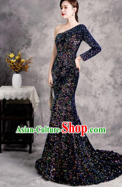 Top Compere Navy Single Shoulder Full Dress Evening Party Costume for Women