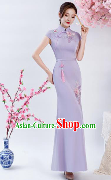 Chinese Chorus Embroidered Peony Lilac Qipao Dress Traditional National Compere Cheongsam Costume for Women