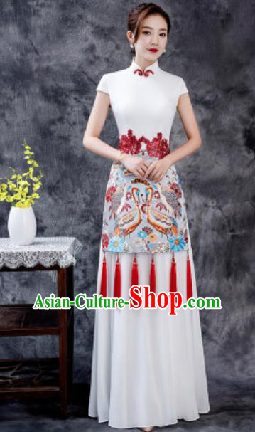 Chinese Chorus Printing White Chiffon Qipao Dress Traditional National Compere Cheongsam Costume for Women