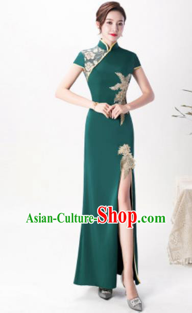 Chinese Chorus Atrovirens Full Dress Traditional National Compere Cheongsam Costume for Women