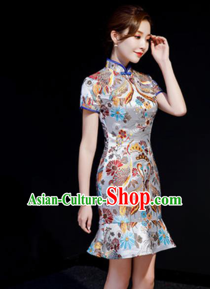 Chinese Chorus Grey Brocade Short Qipao Dress Traditional National Compere Cheongsam Costume for Women