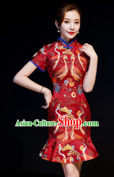 Chinese Chorus Red Brocade Short Qipao Dress Traditional National Compere Cheongsam Costume for Women