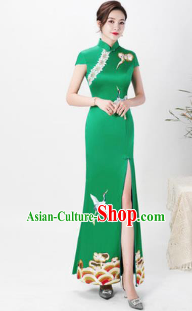 Chinese Chorus Green Full Dress Traditional National Compere Cheongsam Costume for Women