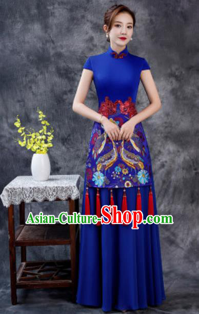 Chinese Chorus Printing Royalblue Chiffon Full Dress Traditional National Compere Cheongsam Costume for Women