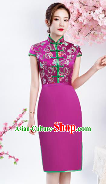 Chinese Chorus Purple Short Qipao Dress Traditional National Compere Cheongsam Costume for Women