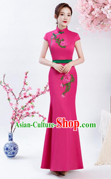 Chinese Chorus Embroidered Peony Rosy Qipao Dress Traditional National Compere Cheongsam Costume for Women