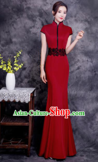 Chinese Chorus Wine Red Long Qipao Dress Traditional National Compere Cheongsam Costume for Women