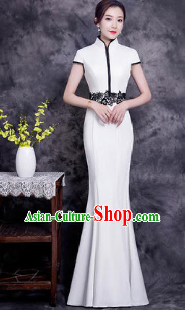 Chinese Chorus White Long Qipao Dress Traditional National Compere Cheongsam Costume for Women