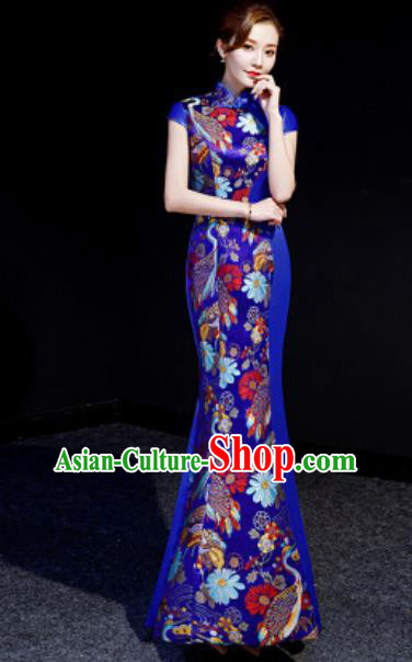 Chinese Chorus Royalblue Mermaid Qipao Dress Traditional National Compere Cheongsam Costume for Women