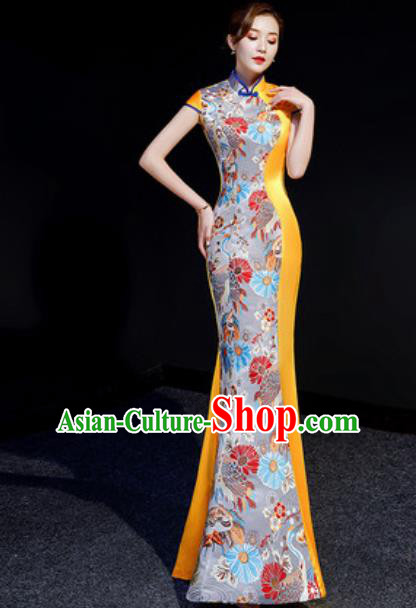 Chinese Chorus Golden Mermaid Qipao Dress Traditional National Compere Cheongsam Costume for Women