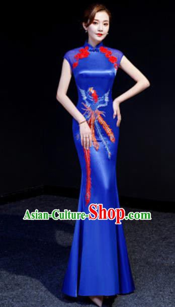 Chinese Chorus Embroidered Phoenix Royalblue Mermaid Qipao Dress Traditional National Compere Cheongsam Costume for Women