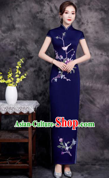 Chinese Chorus Embroidered Navy Qipao Dress Traditional National Compere Cheongsam Costume for Women