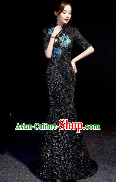 Chinese National Black Sequins Qipao Dress Traditional Compere Cheongsam Costume for Women