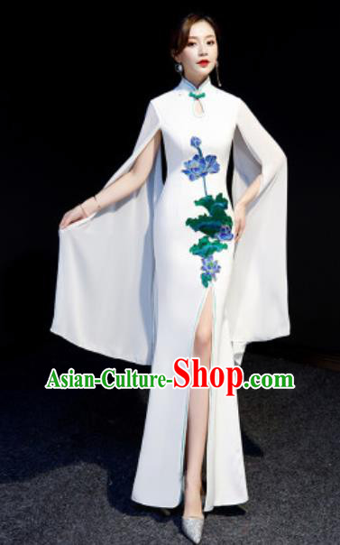 Chinese National Embroidered Lotus White Qipao Dress Traditional Compere Cheongsam Costume for Women