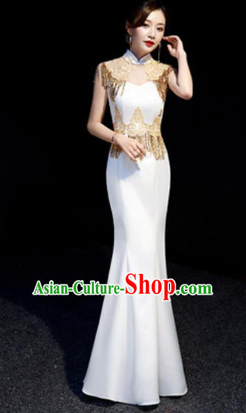 Chinese National Golden Tassel Qipao Dress Traditional Compere Cheongsam Costume for Women