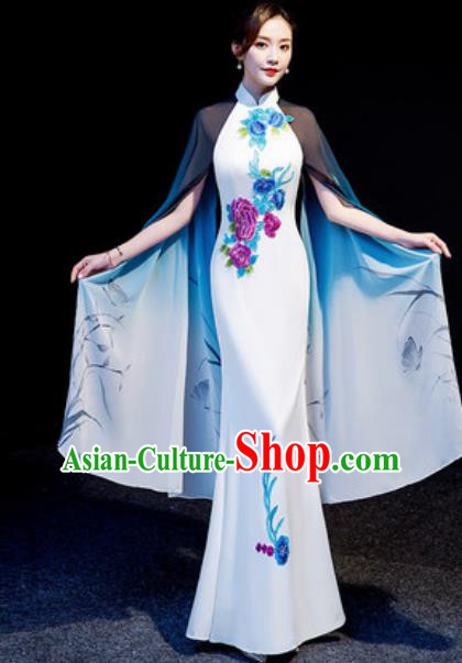 Chinese National Embroidered Peony White Qipao Dress Traditional Compere Cheongsam Costume for Women