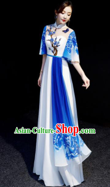 Chinese National Embroidered Plum Blue Qipao Dress Traditional Compere Cheongsam Costume for Women