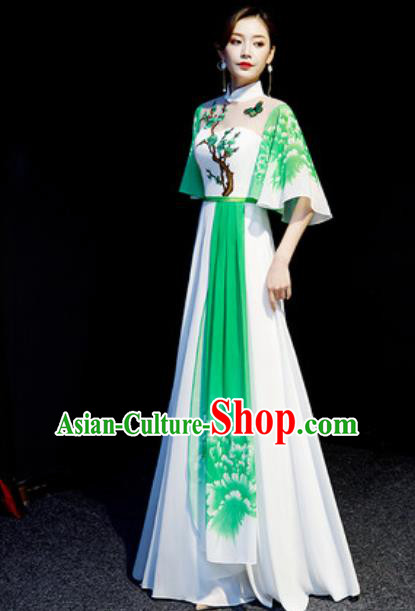 Chinese National Embroidered Plum Green Qipao Dress Traditional Compere Cheongsam Costume for Women