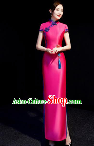 Chinese National Rosy Qipao Dress Traditional Compere Cheongsam Costume for Women