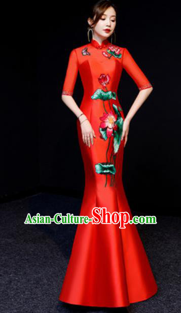 Chinese National Embroidered Lotus Red Qipao Dress Traditional Compere Cheongsam Costume for Women