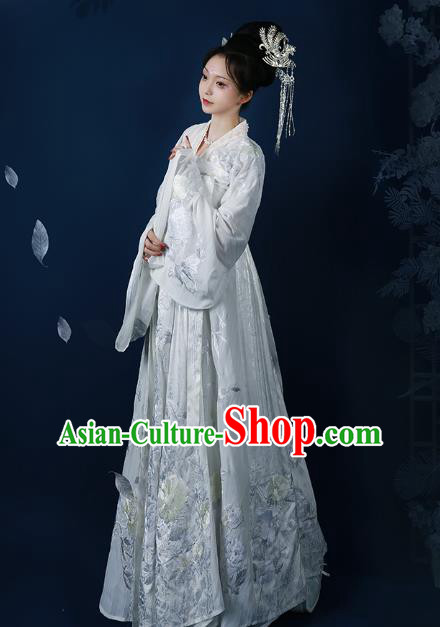 Chinese Tang Dynasty Royal Princess White Embroidered Dress Traditional Ancient Imperial Consort Costumes for Women