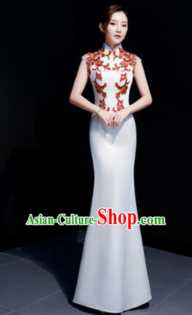 Chinese Traditional Embroidered White Qipao Dress Compere Cheongsam Costume for Women