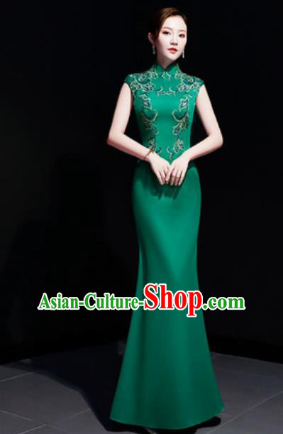 Chinese Traditional Embroidered Green Qipao Dress Compere Cheongsam Costume for Women