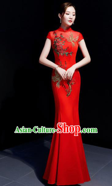 Chinese Traditional Embroidered Peony Red Qipao Dress Compere Cheongsam Costume for Women