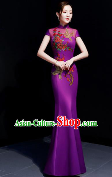 Chinese Traditional Embroidered Peony Purple Qipao Dress Compere Cheongsam Costume for Women