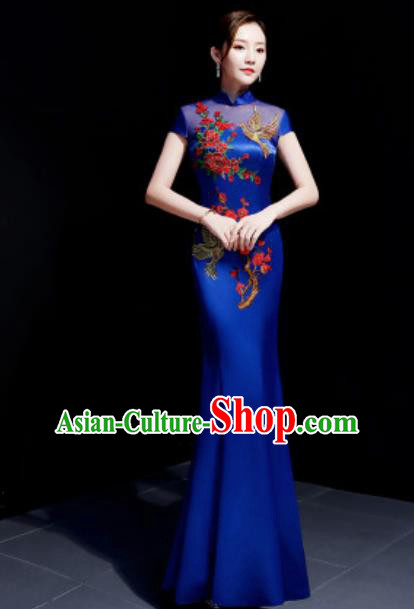 Chinese Traditional Embroidered Peony Royalblue Qipao Dress Compere Cheongsam Costume for Women