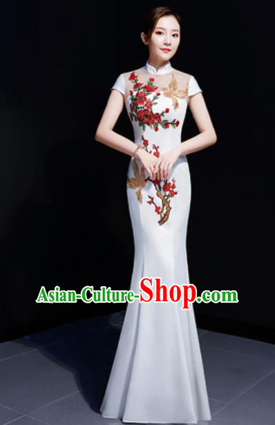 Chinese Traditional Embroidered Peony White Qipao Dress Compere Cheongsam Costume for Women