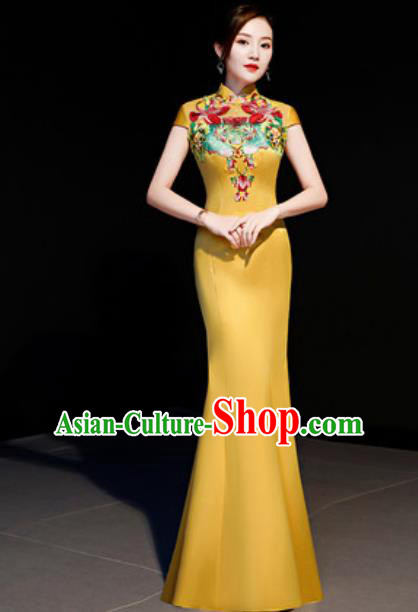 Chinese Traditional Embroidered Lotus Yellow Qipao Dress Compere Cheongsam Costume for Women