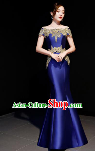 Top Compere Catwalks Embroidered Royalblue Full Dress Evening Party Costume for Women