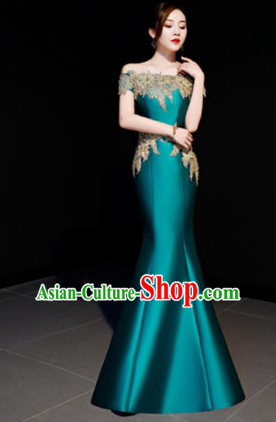 Top Compere Catwalks Embroidered Green Full Dress Evening Party Costume for Women