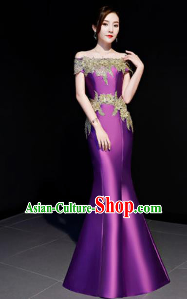 Top Compere Catwalks Embroidered Purple Full Dress Evening Party Costume for Women