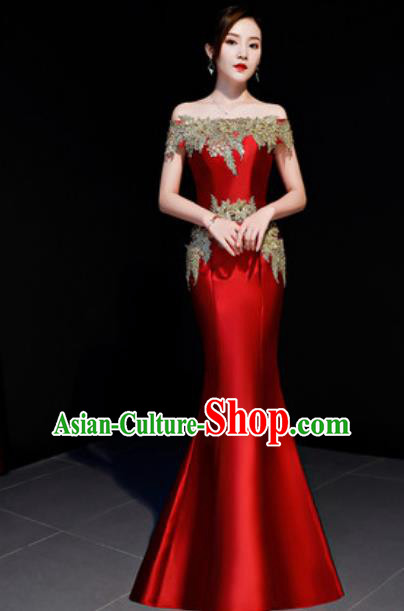 Top Compere Catwalks Embroidered Wine Red Full Dress Evening Party Costume for Women