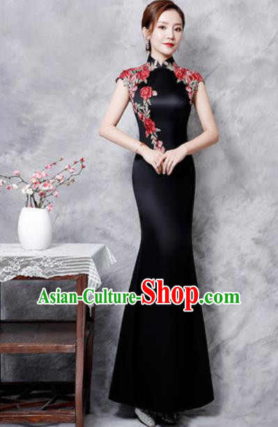 Chinese Traditional Embroidered Rose Black Qipao Dress Compere Cheongsam Costume for Women