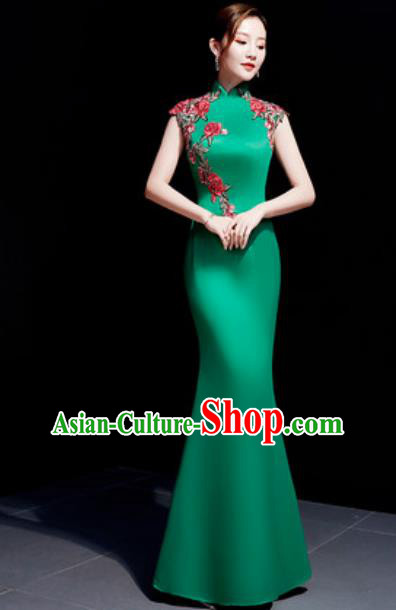 Chinese Traditional Embroidered Rose Green Qipao Dress Compere Cheongsam Costume for Women