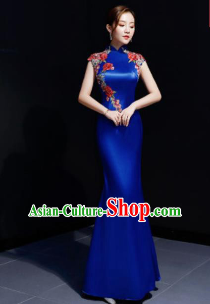 Chinese Traditional Embroidered Rose Royalblue Qipao Dress Compere Cheongsam Costume for Women