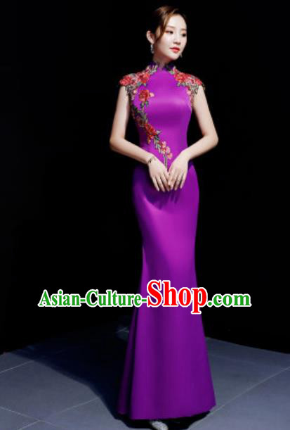 Chinese Traditional Embroidered Rose Purple Qipao Dress Compere Cheongsam Costume for Women