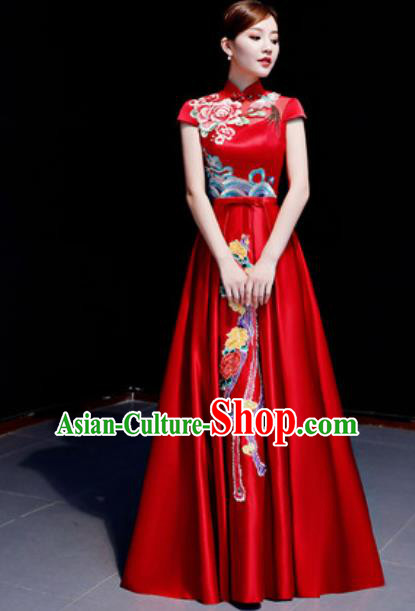 Chinese Traditional Chorus Embroidered Phoenix Peony Red Dress Compere Cheongsam Costume for Women