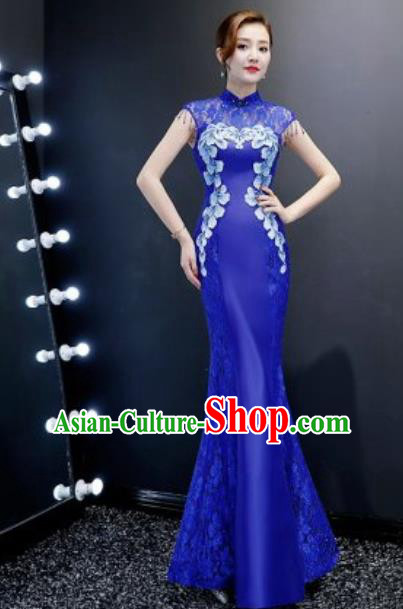 Chinese Traditional Chorus Embroidered Royalblue Lace Dress Compere Cheongsam Costume for Women