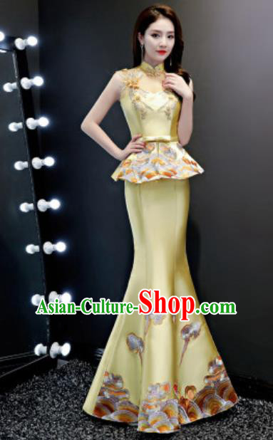 Chinese Traditional Chorus Embroidered Golden Full Dress Compere Cheongsam Costume for Women